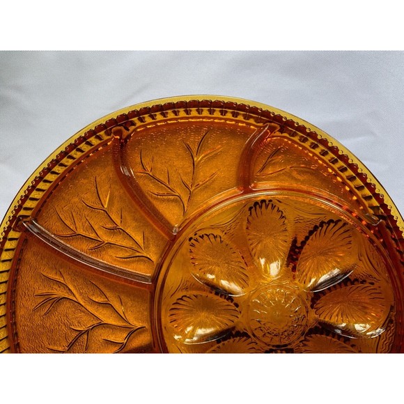 Indiana Glass Golden Amber Leaf Pattern Deviled Egg and Relish Tray - Picture 3 of 7